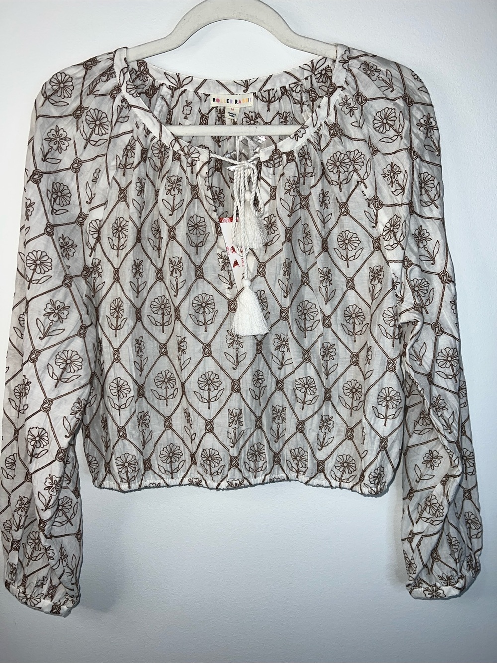 Roller Rabbit Cream and Brown Floral Tie-Front Peasant Blouse